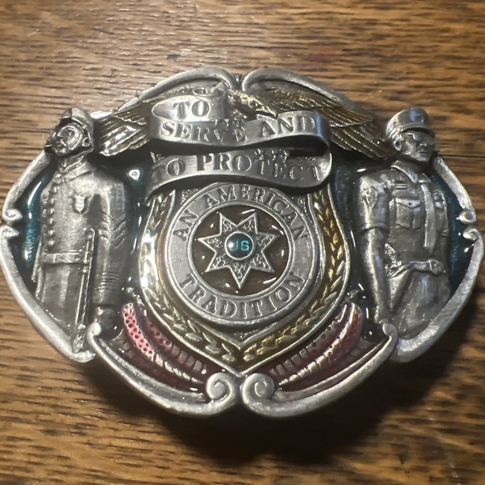 Vtg 1986 To Serve And Protect Belt Buckle Bergamot Brass Works F-45 Pewter USA